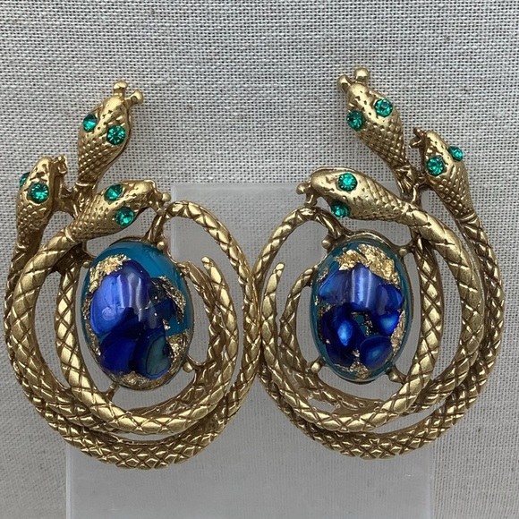 🎄🎄Art Glass Gold and Blue Serpent pierced Earrings - Picture 2 of 3